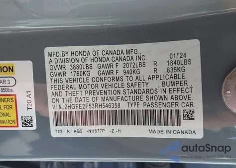 2024 Honda Civic Sport z USA, uszkodzony, nr VIN 2HGFE2F53RH546358